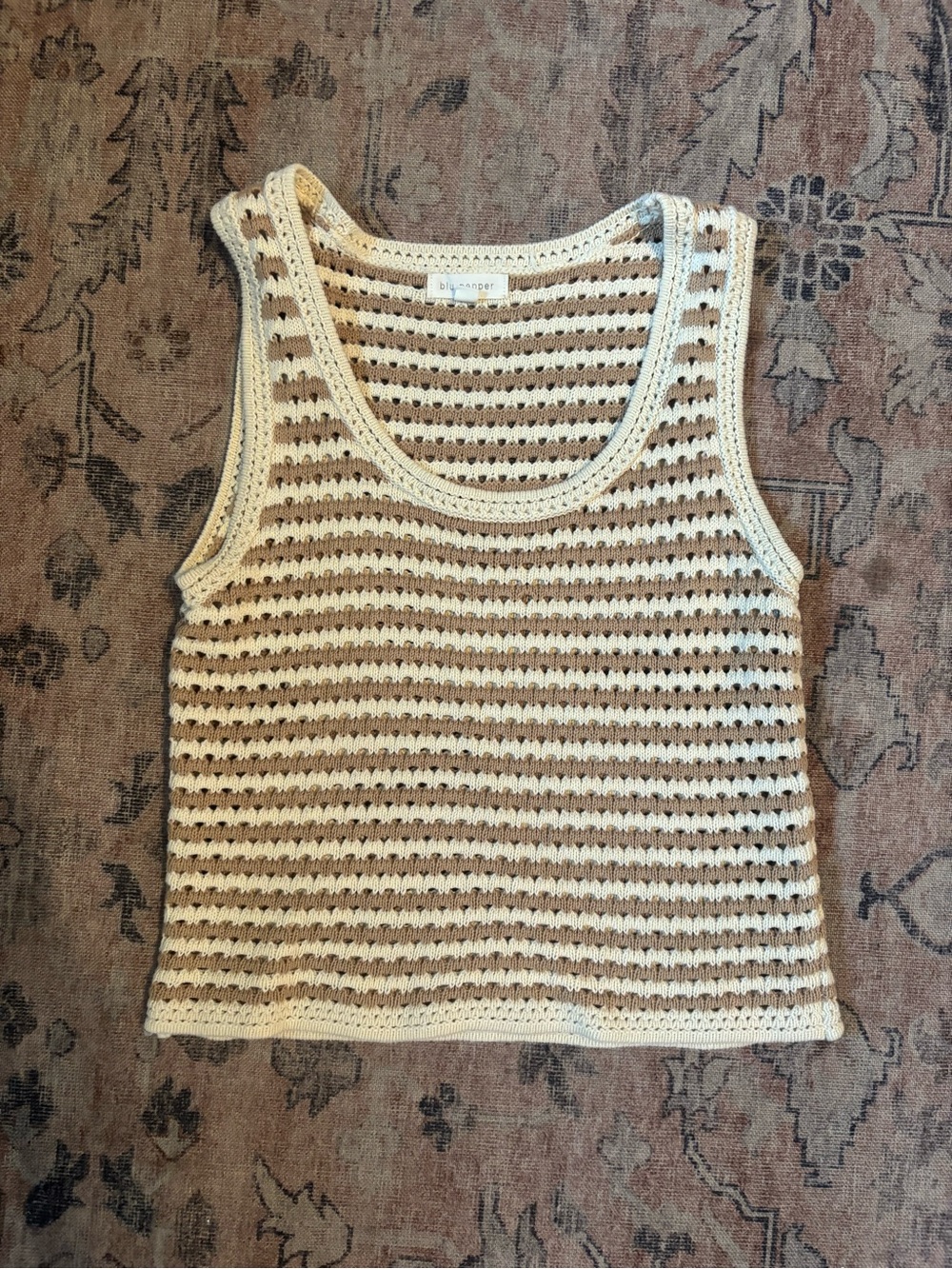 Blu Pepper Crochet Stripe Tank Top in Cream and Brown
